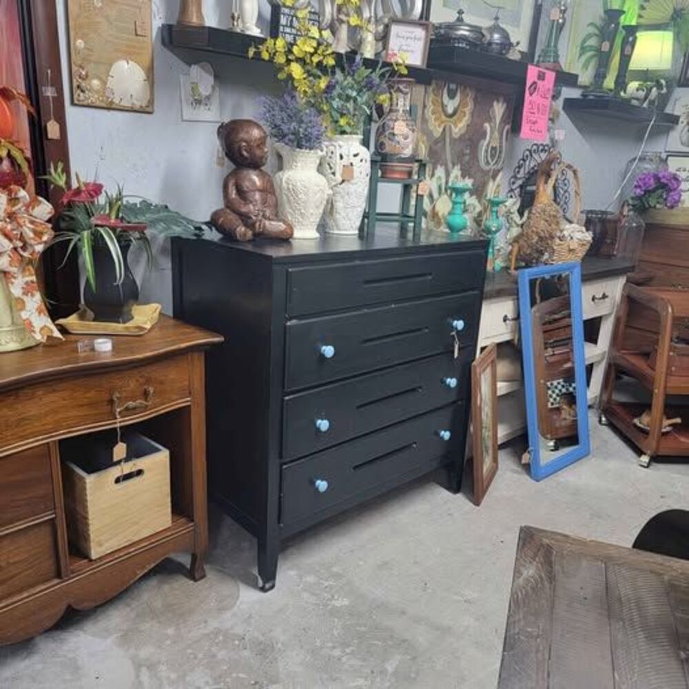 Black 4-Drawer Dresser with Blue Knobs